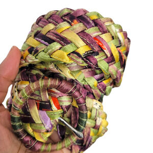 Rainbow Braided Belt Yellow Purple Silky Fabric Woven Large Circle Buckle Large